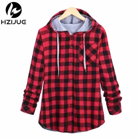 HZIJUE Fashion Women Hoodies Cotton Autumn Winter Coat Long Sleeve Plaid cotton Hoodies Casual button hooded Sweatshirt Oversize