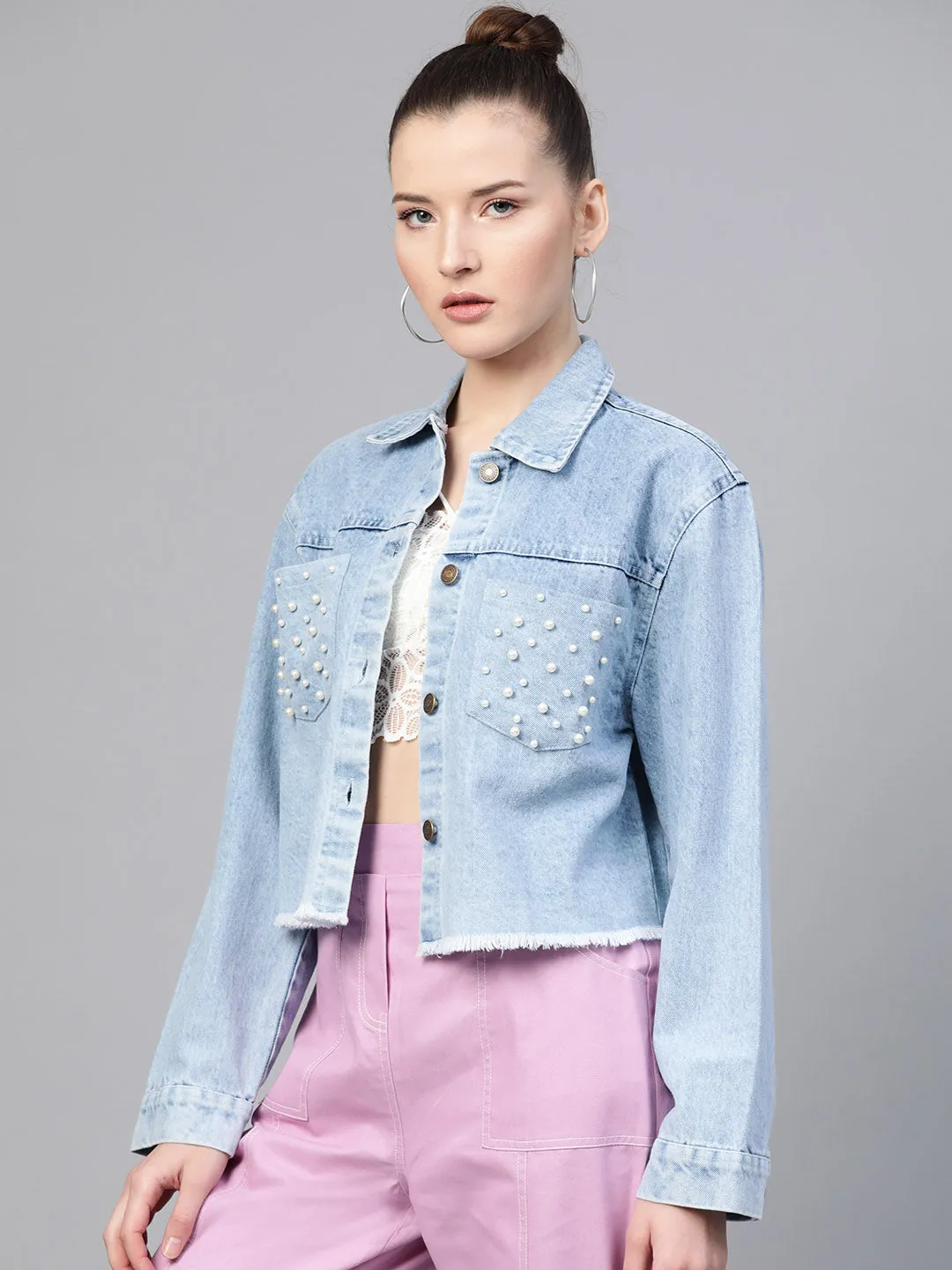 Ice Blue Denim Pearl Pocket Jacket