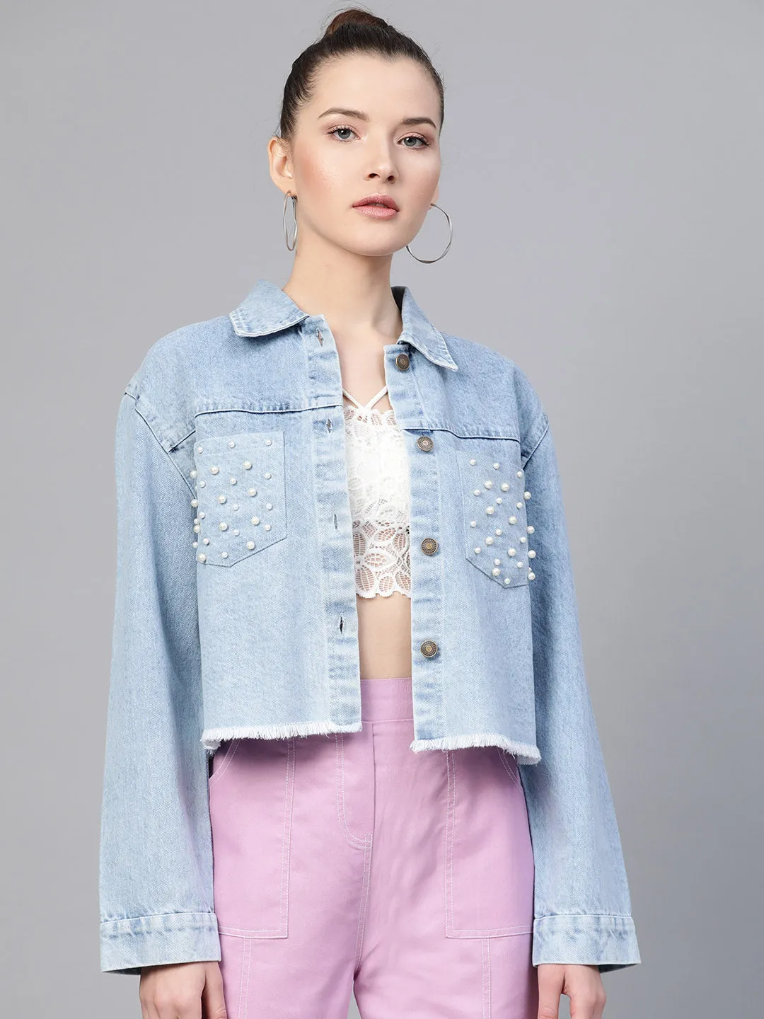 Ice Blue Denim Pearl Pocket Jacket