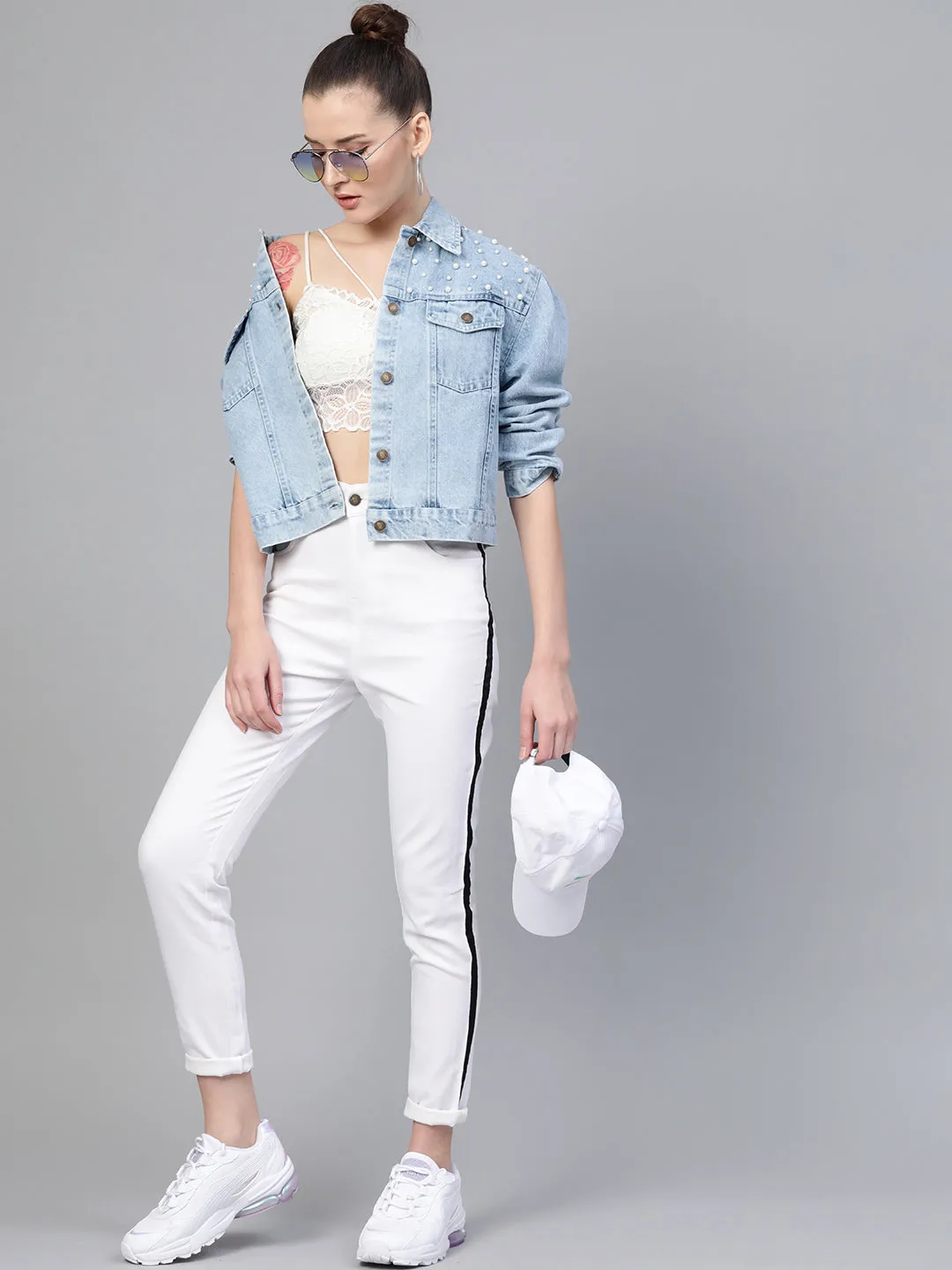 Ice Blue Pearl Spead Denim Jacket