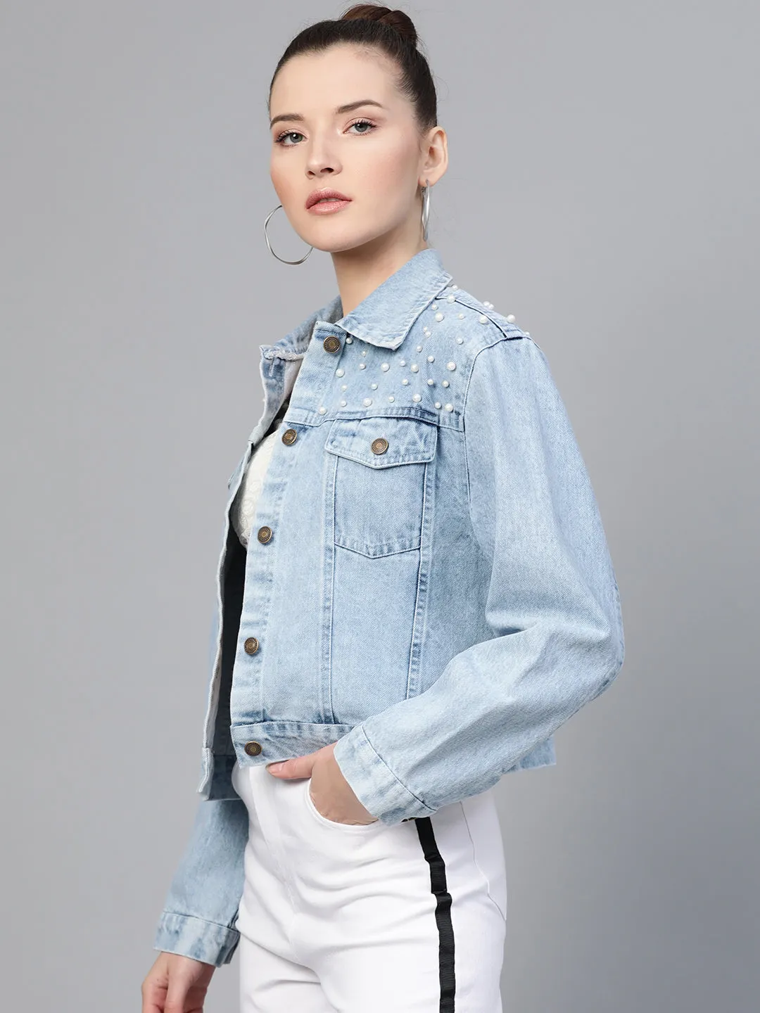 Ice Blue Pearl Spead Denim Jacket