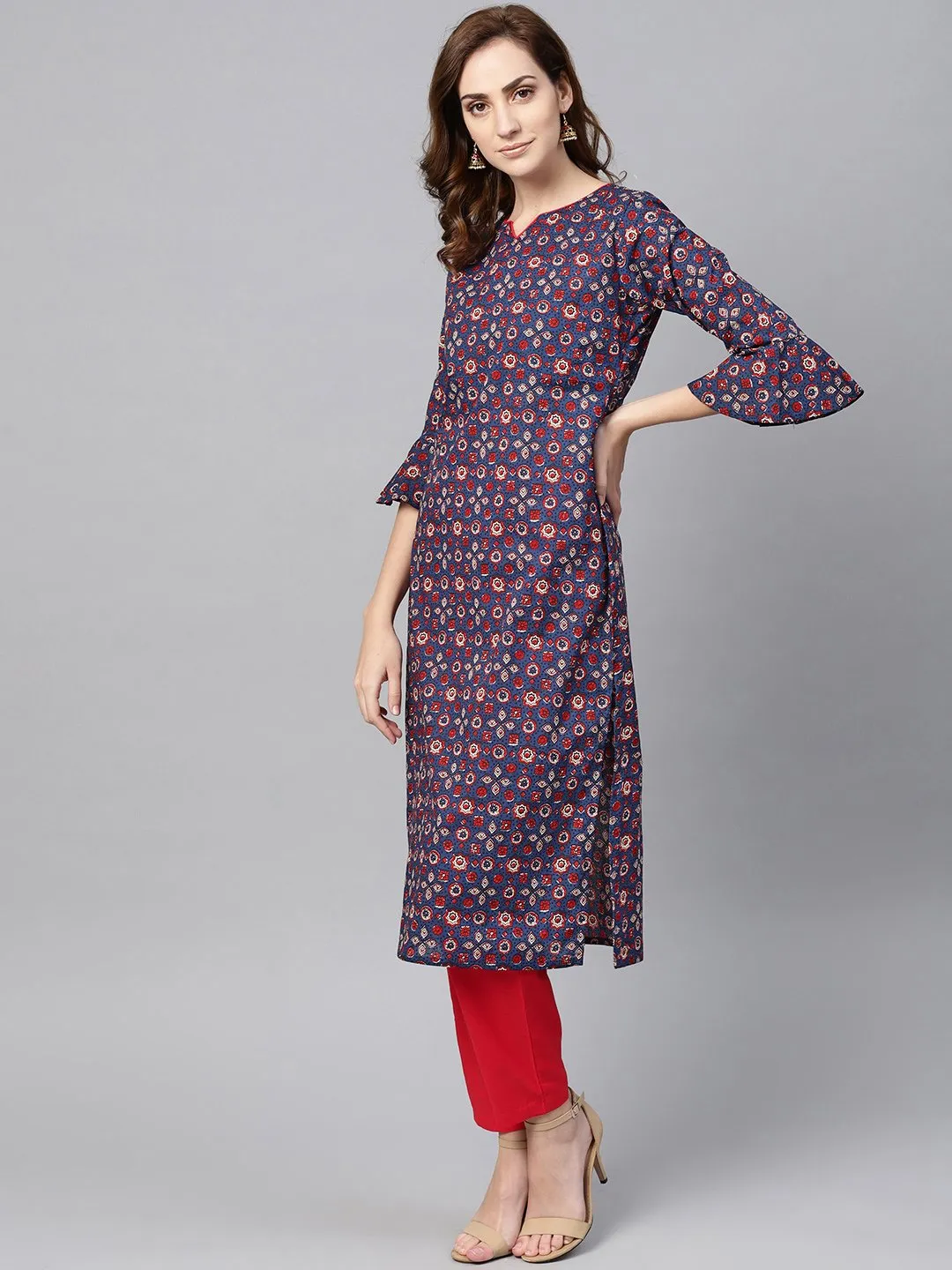 Indigo Blue Multi Colored Printed Kurta Set With Solid Red Pants