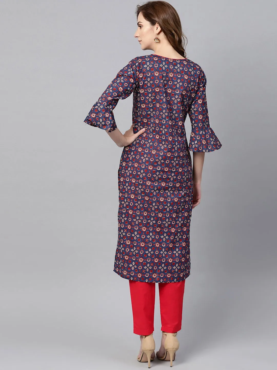 Indigo Blue Multi Colored Printed Kurta Set With Solid Red Pants