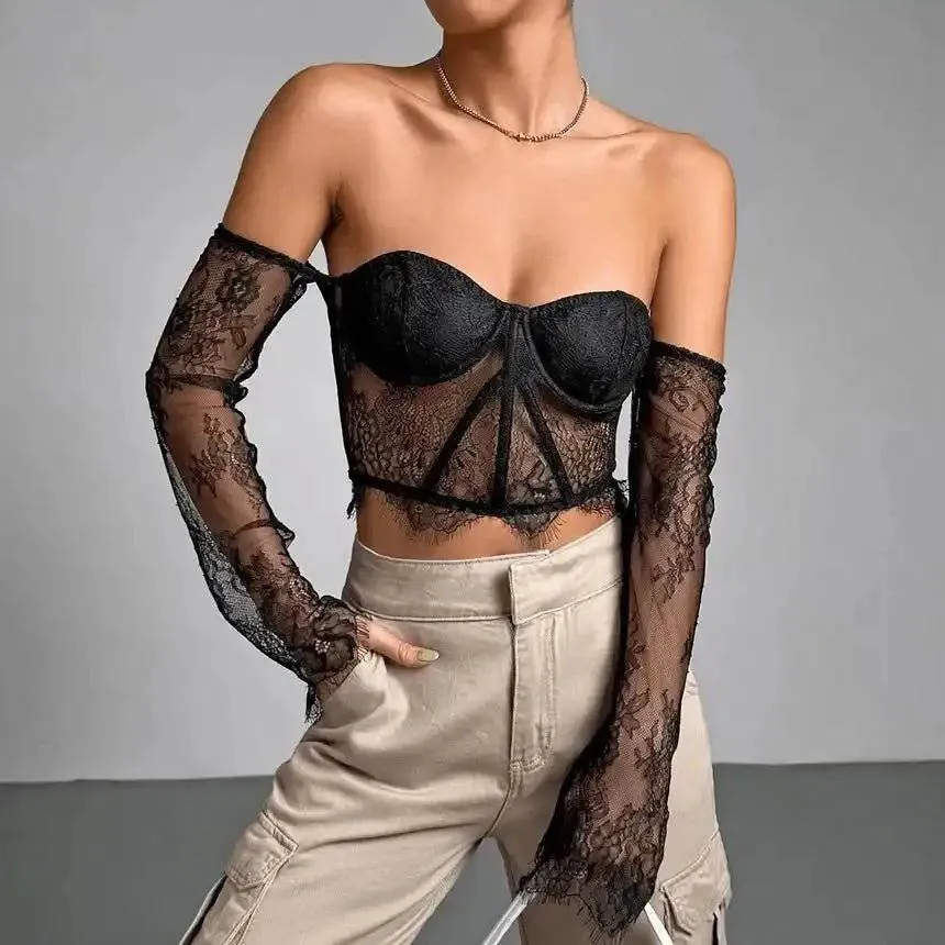 Isabel Long-Sleeve Off-Shoulder Lace Panel Cropped Bustier Top