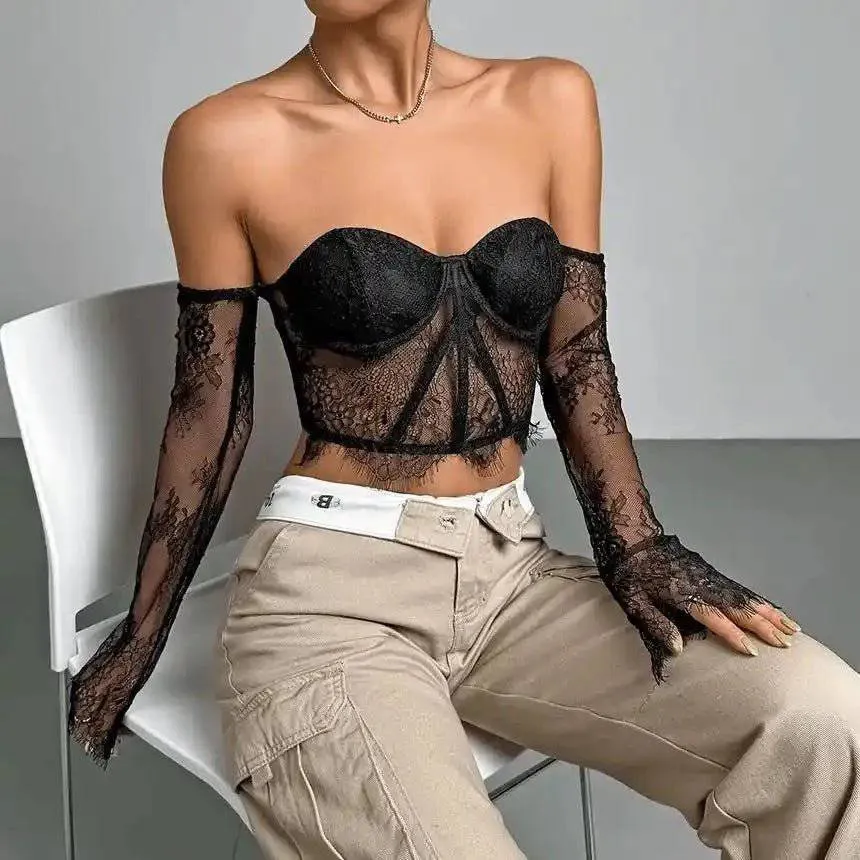 Isabel Long-Sleeve Off-Shoulder Lace Panel Cropped Bustier Top