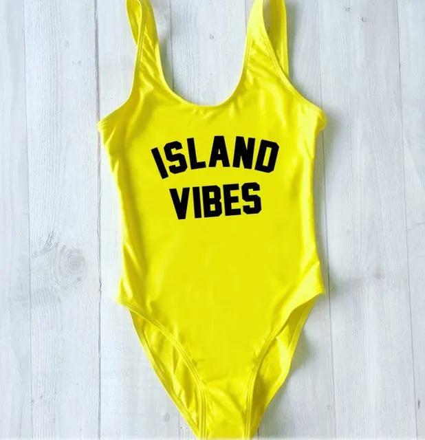 ISLAND VIBES Letter Women Swimsuit 2017 Sexy Low Back High Cut Swimwear Kids Bathing Beachwear Girls One Piece Black Bodysuit