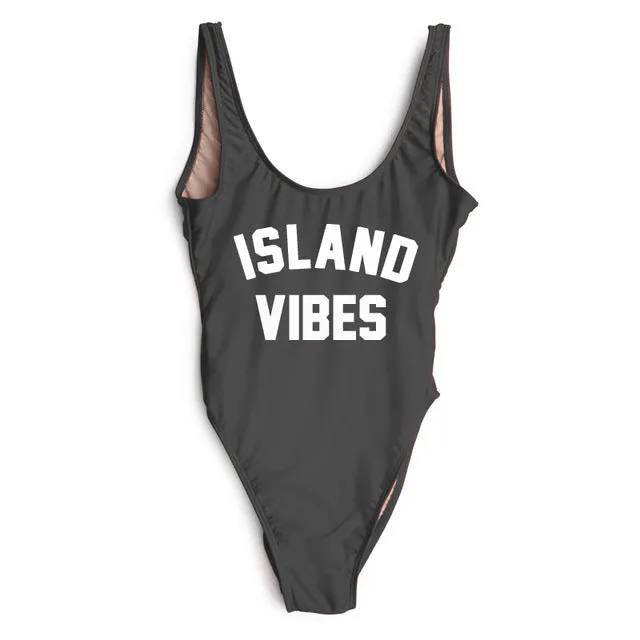 ISLAND VIBES Letter Women Swimsuit 2017 Sexy Low Back High Cut Swimwear Kids Bathing Beachwear Girls One Piece Black Bodysuit