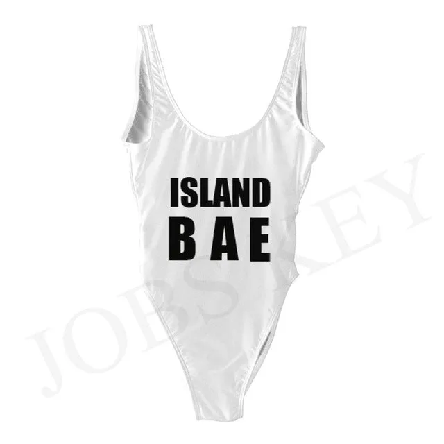 ISLAND VIBES Letter Women Swimsuit 2017 Sexy Low Back High Cut Swimwear Kids Bathing Beachwear Girls One Piece Black Bodysuit