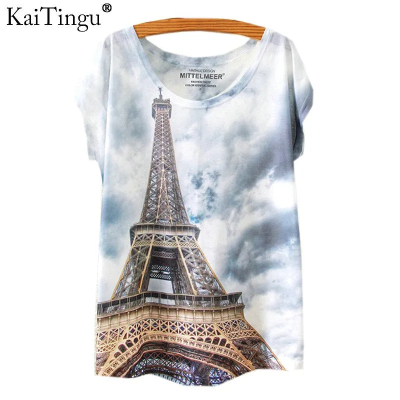 KaiTingu 2017 Brand New Fashion Spring Summer Harajuku Short Sleeve T Shirt Women Tops Eiffel Tower Printed T-shirt White Cloth