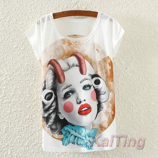 KaiTingu 2017 New Fashion Vintage Spring Summer T Shirt Women Clothing Tops Animal Owl Print T-shirt Printed White Woman Clothes