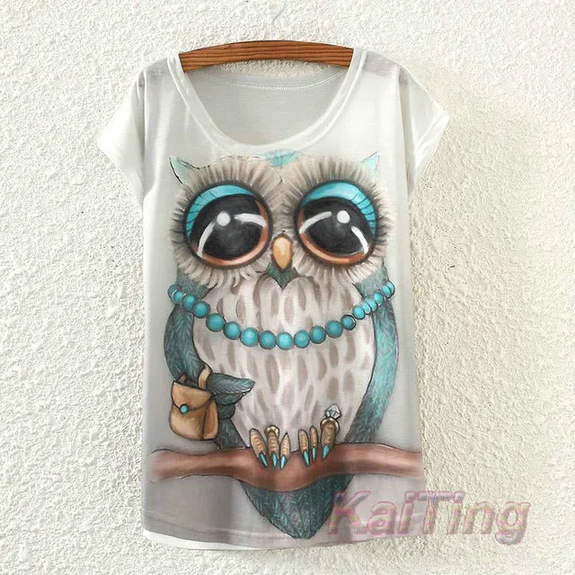 KaiTingu 2017 New Fashion Vintage Spring Summer T Shirt Women Clothing Tops Animal Owl Print T-shirt Printed White Woman Clothes