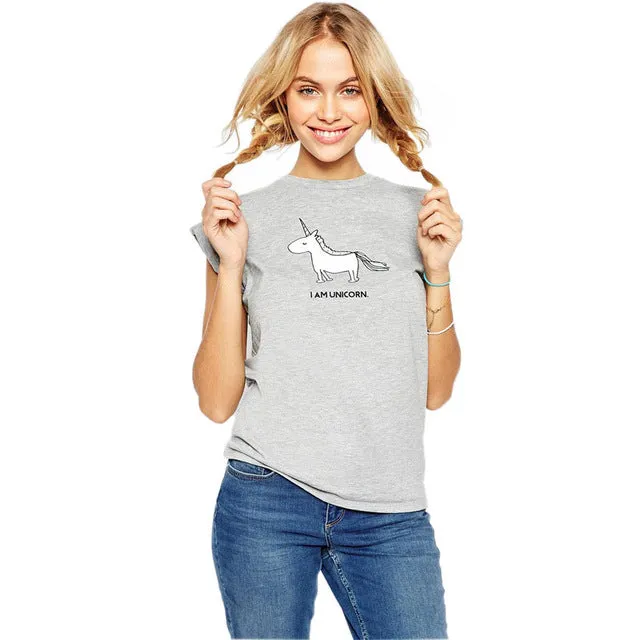 Kawaii cute Unicorn printed summer t shirt women tops short sleeve o-neck grey t-shirt cartoon clothing for women tees plus size