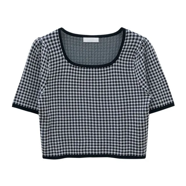 [Korean Style] Holdan Square Neck Houndstooth pattern Knit Top