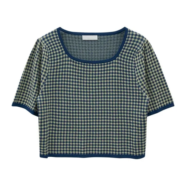 [Korean Style] Holdan Square Neck Houndstooth pattern Knit Top