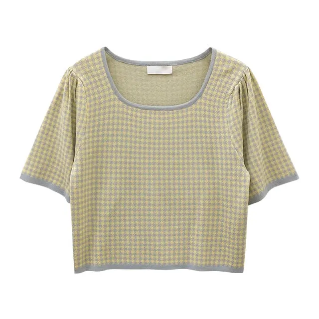 [Korean Style] Holdan Square Neck Houndstooth pattern Knit Top