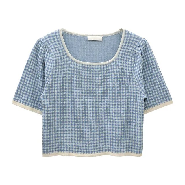 [Korean Style] Holdan Square Neck Houndstooth pattern Knit Top