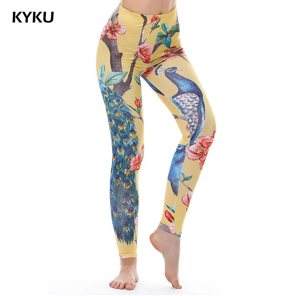 KYKU Slim Legging Peacock Leggings Women Fitness Clothing 3d Print Leggings Peacock Sexy Yellow Red Flower Leggin High Quality