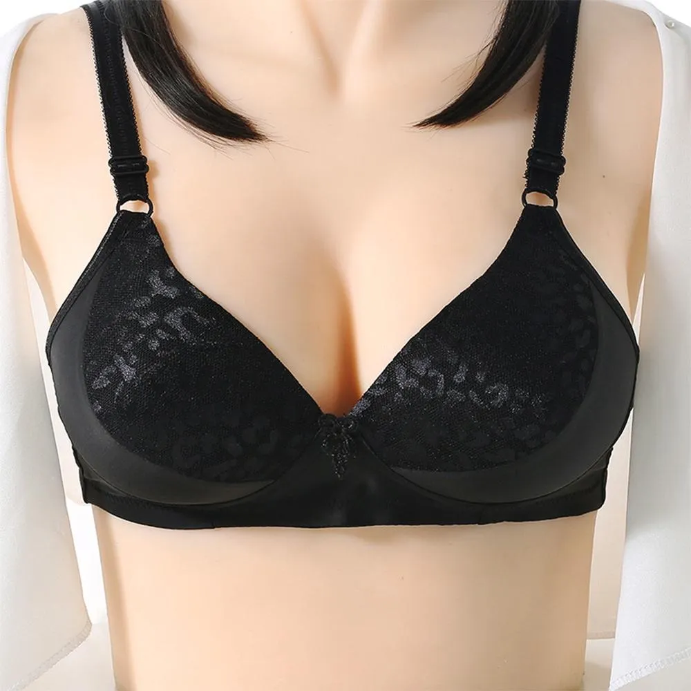 Ladies Solid Color Sexy Jacquard Glossy Breathable Bra Padded Push Up Adjustable Strap Bra