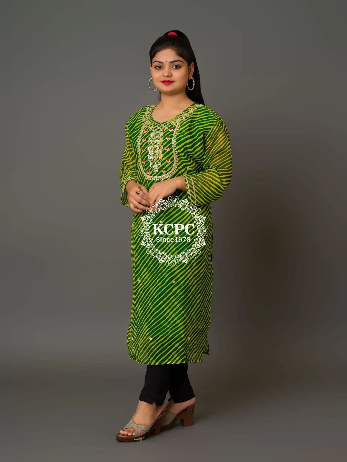 Latest New Arrival Jaipuri Traditional Marwadi Leheriya Gotapatti Handwork Long Straight Kurti