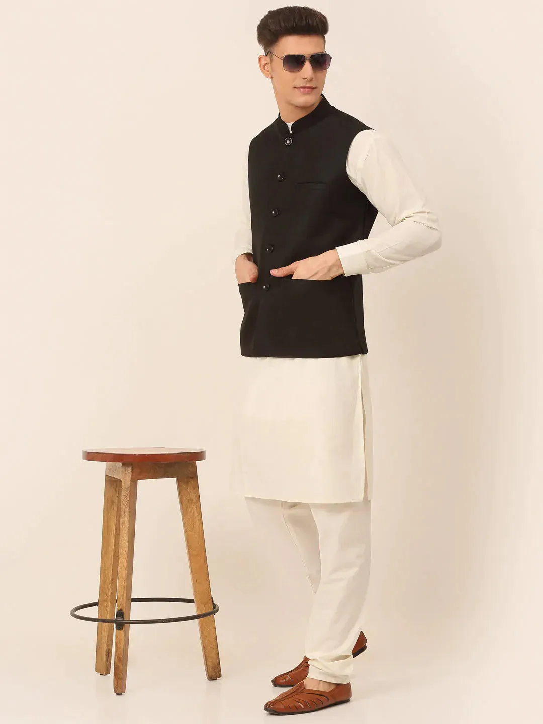 Men Black Solid Woven Sleeveless Nehru Jackets