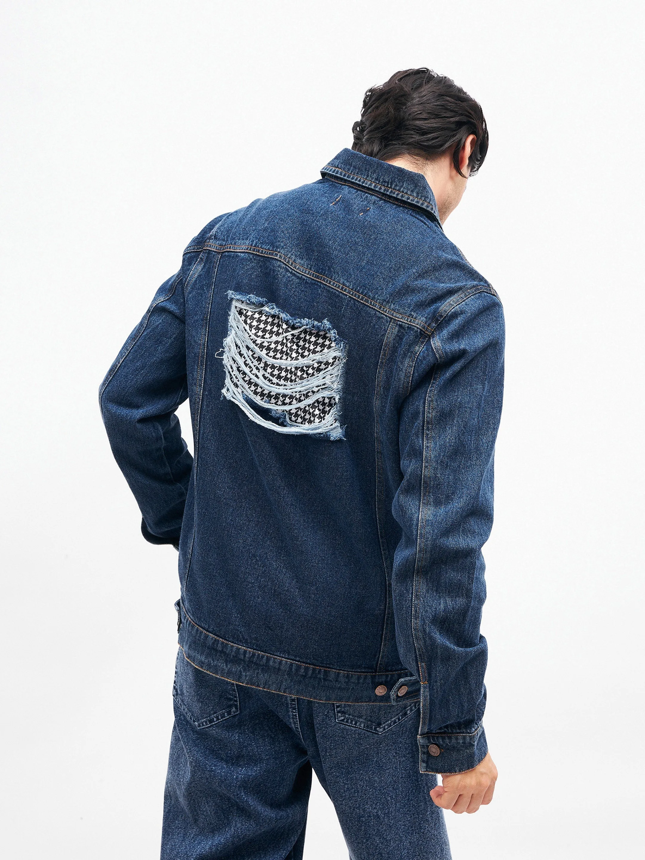 Men Blue Cut-Out Distressed Denim Jacket