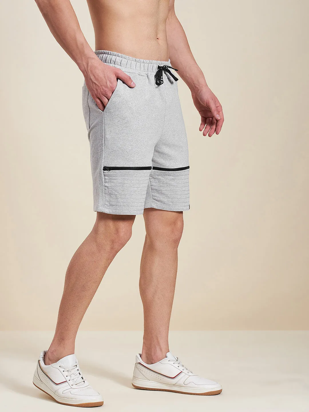 Men Grey Terry Zipper Detail Shorts