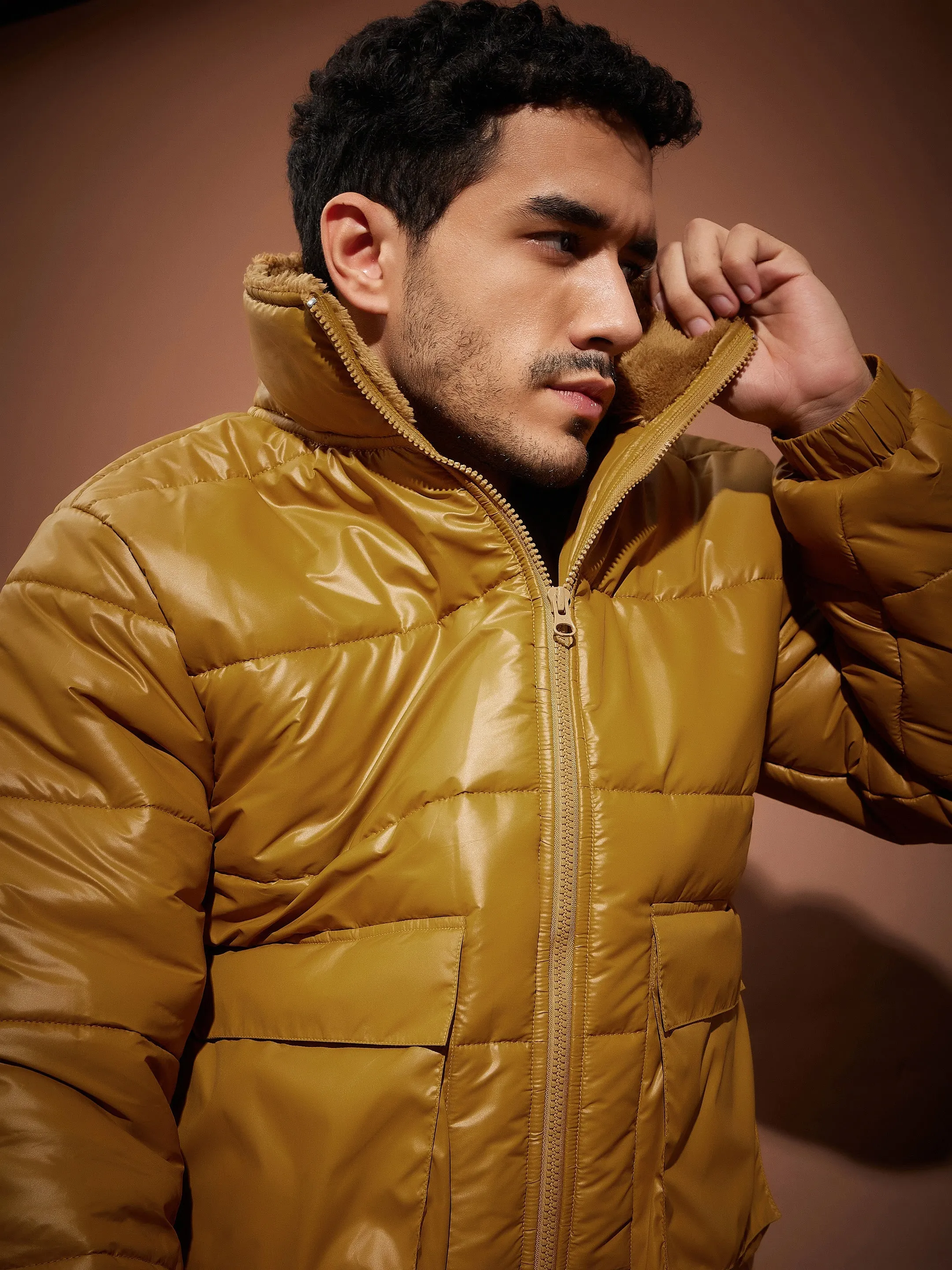 Men Khaki Front Pocket Puffer jacket