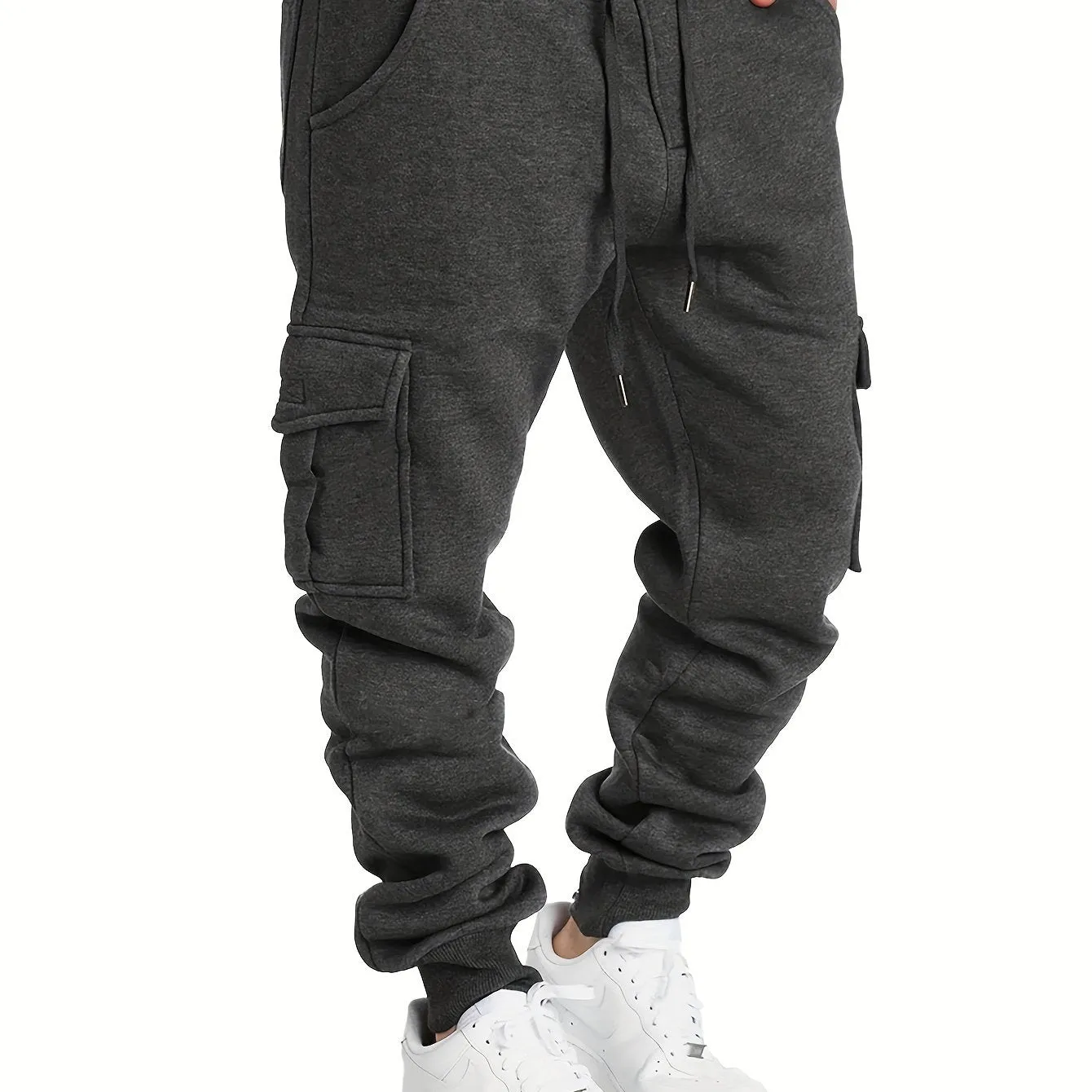 Men's Fleece Cargo Jogger Pants - Soft, Warm, Loose-Fit, Flap Pocket, Drawstring Waist, Trendy Design, Perfect for Winter Work and Casual Wear