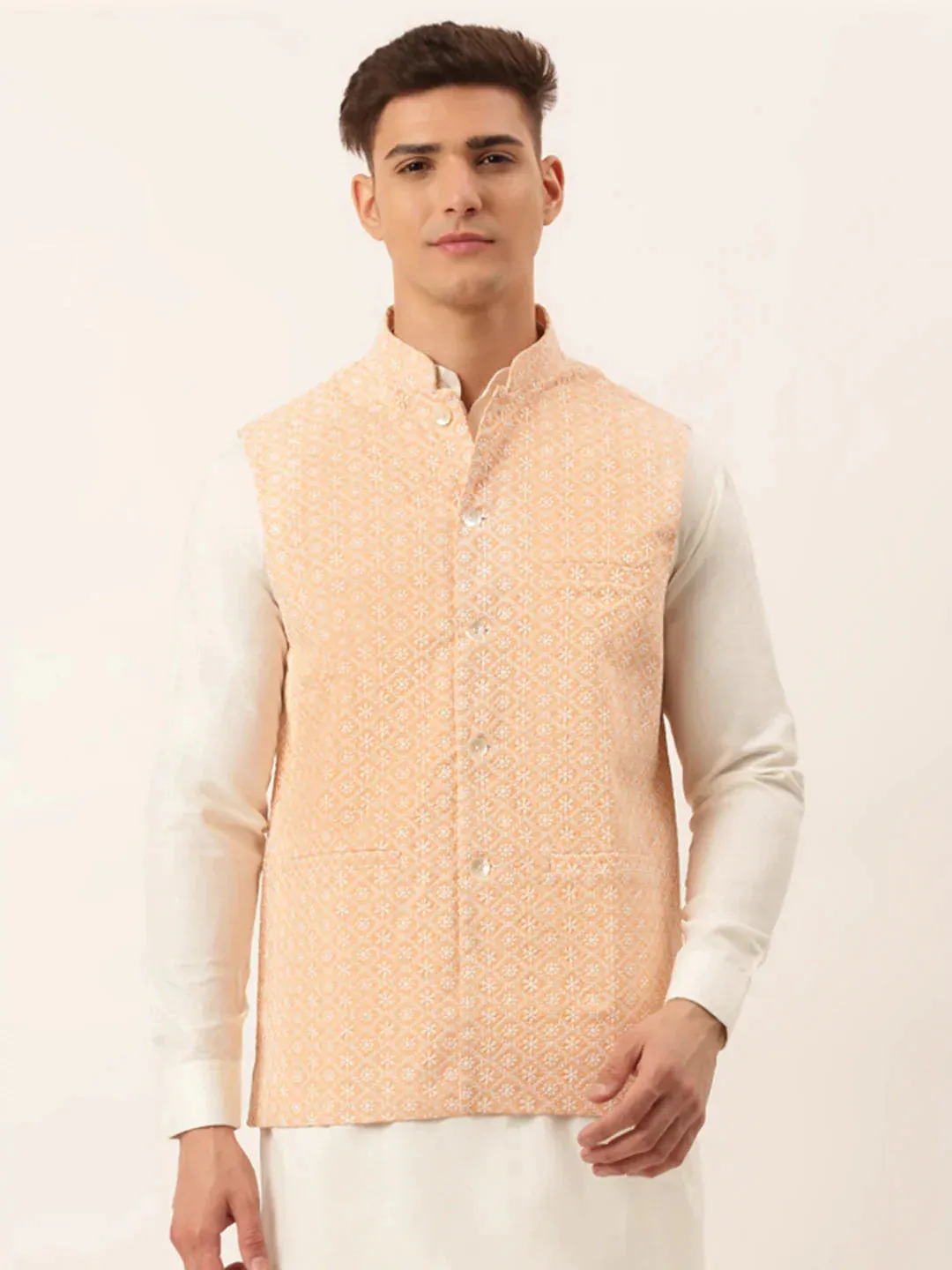 Men'S Orange Embroidered Nehru Jackets