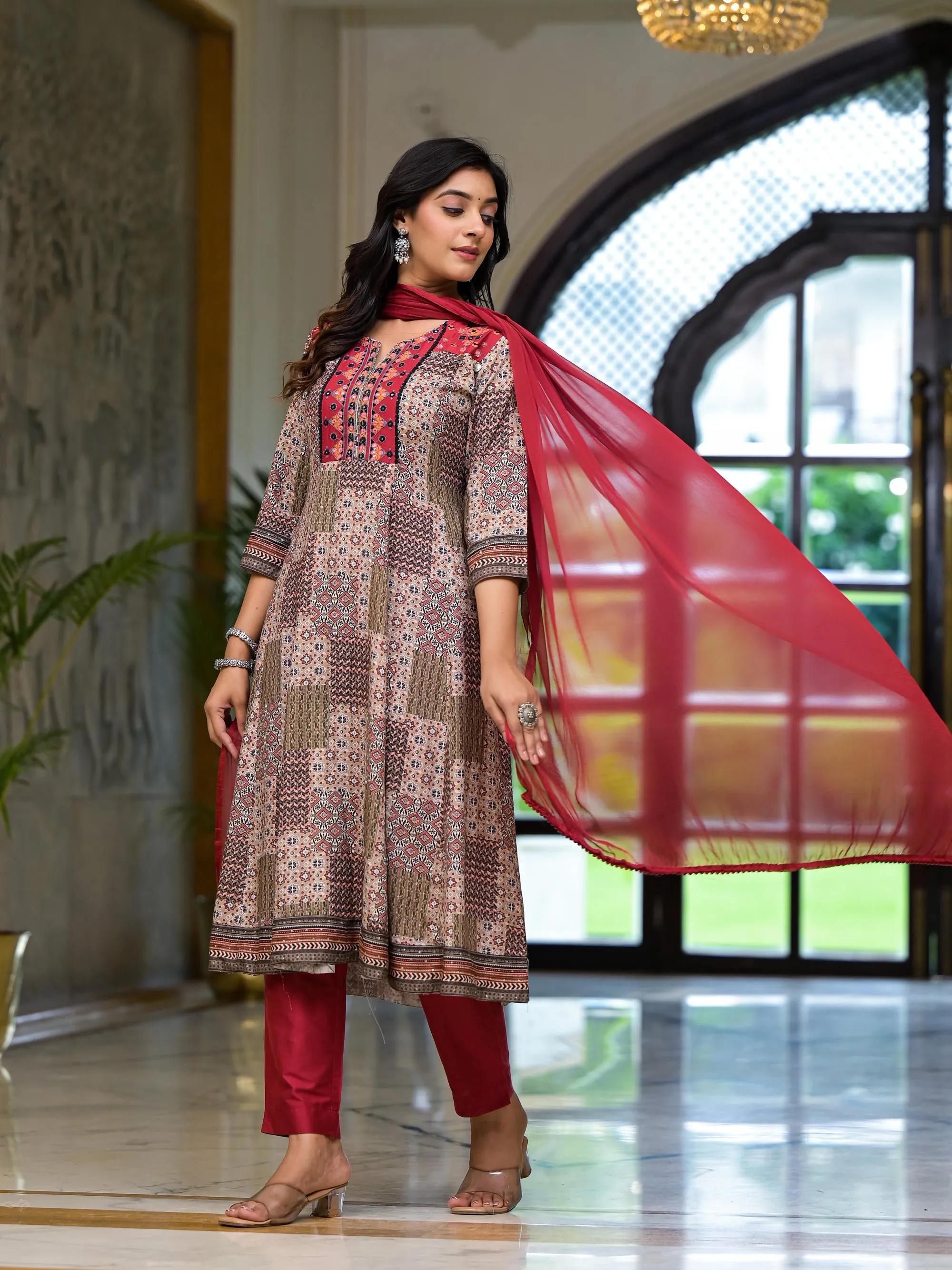 Multi Color Ethnic Motif Printed Muslin Kurta Pant And Dupatta Set With Coins Thread & Mirror Work