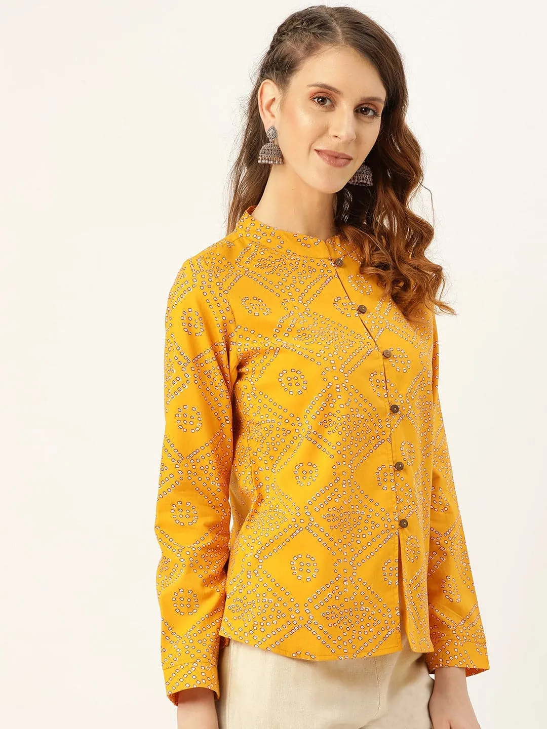 Mustard Bandhej Buttoned Ethnic Jacket