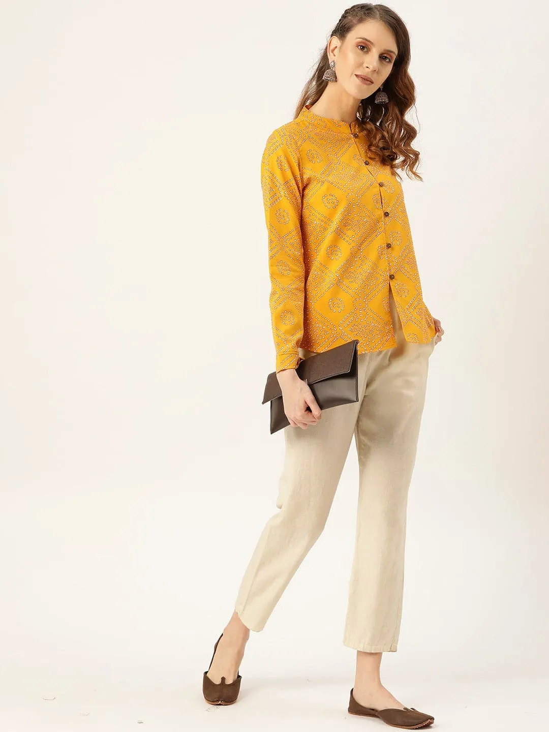 Mustard Bandhej Buttoned Ethnic Jacket