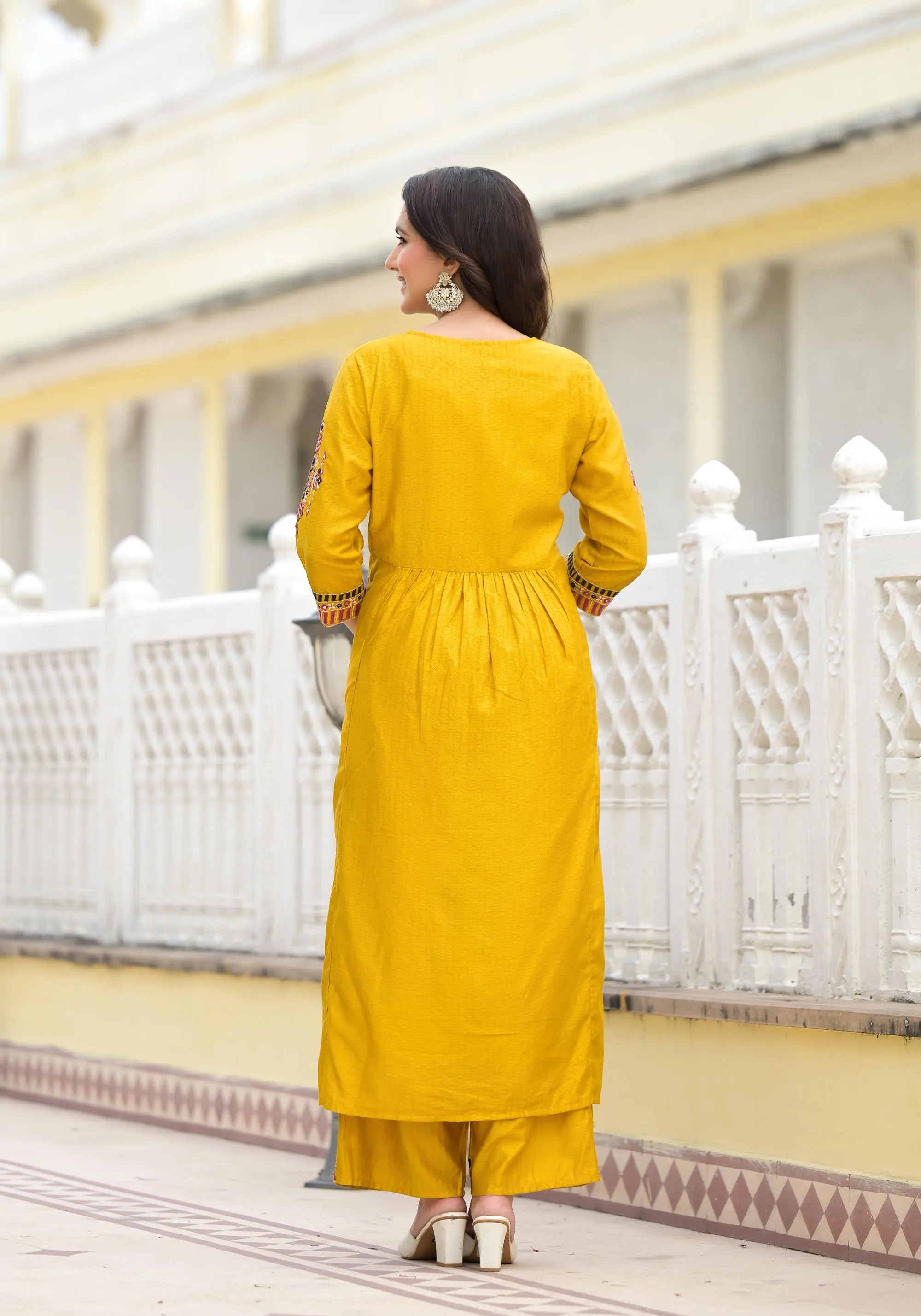 Mustard Solid Nylon Kurta Pant With Dupatta Set With Thread & Mirror Work