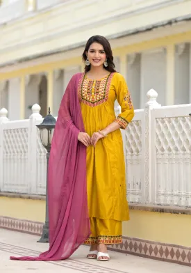 Mustard Solid Nylon Kurta Pant With Dupatta Set With Thread & Mirror Work