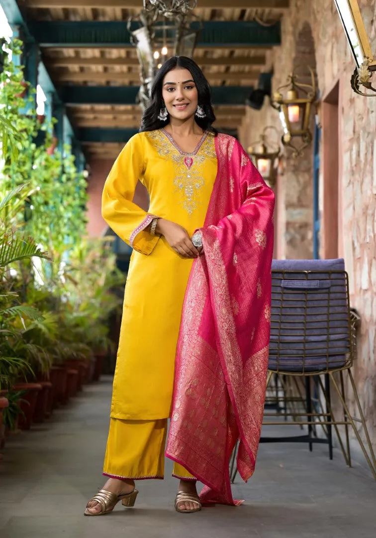 Mustard Zari Embroidered Viscose Kurta Pant And Dupatta Set With Mirror Work