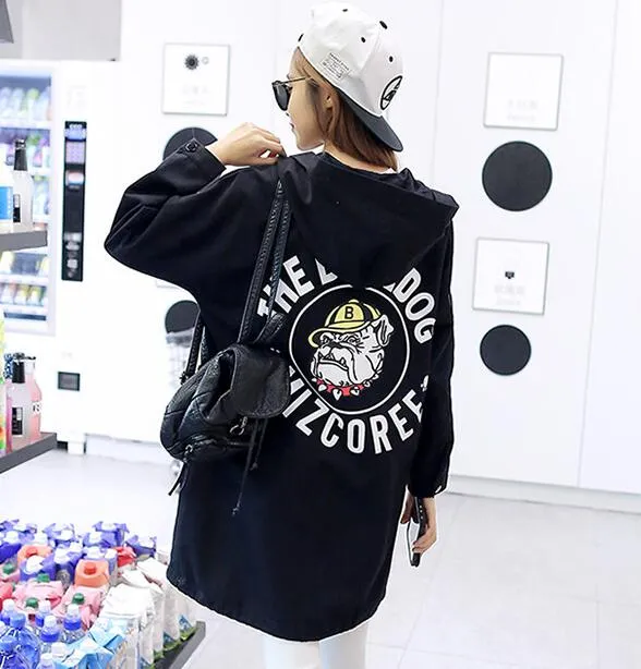 NIJIUDING New Autumn Women Casual Student Hoodies Outwear Loose Trench Coat  Dog Letter Print  Basic Trench XS-2XL