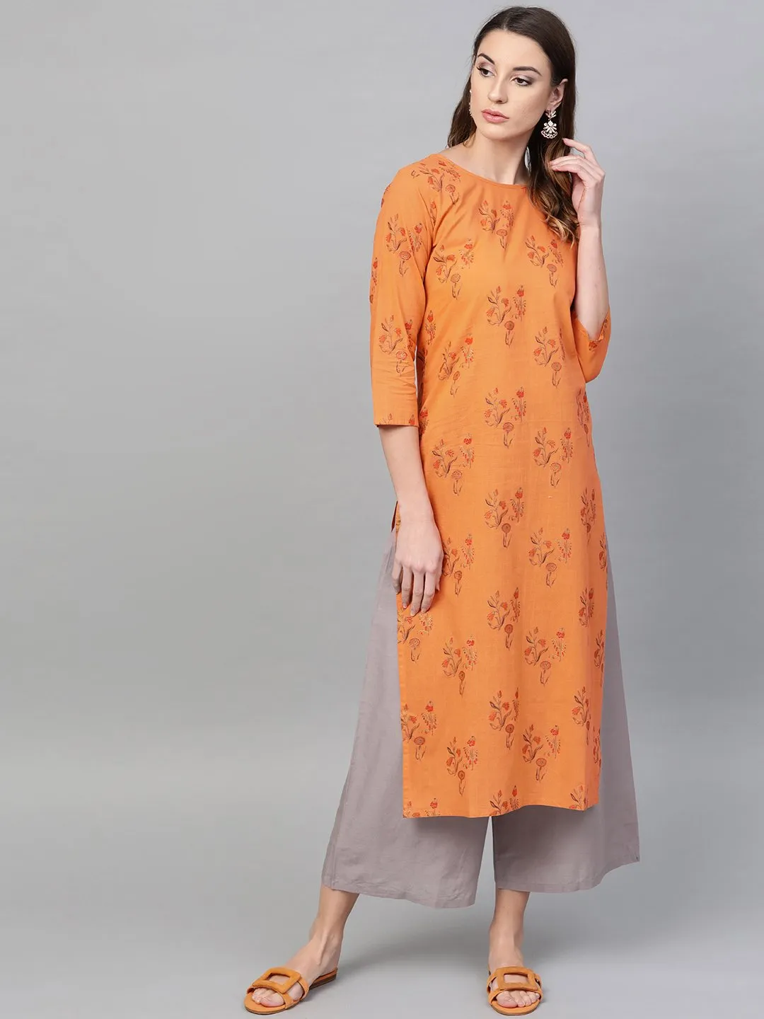 Orange & Grey Printed Straight Kurta Set With Pants