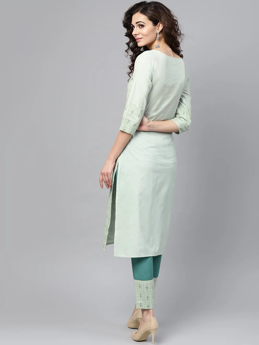 Pastel Green Straight Kurta Set With Solid Teal Green Pants & Dobby Printed Detailing