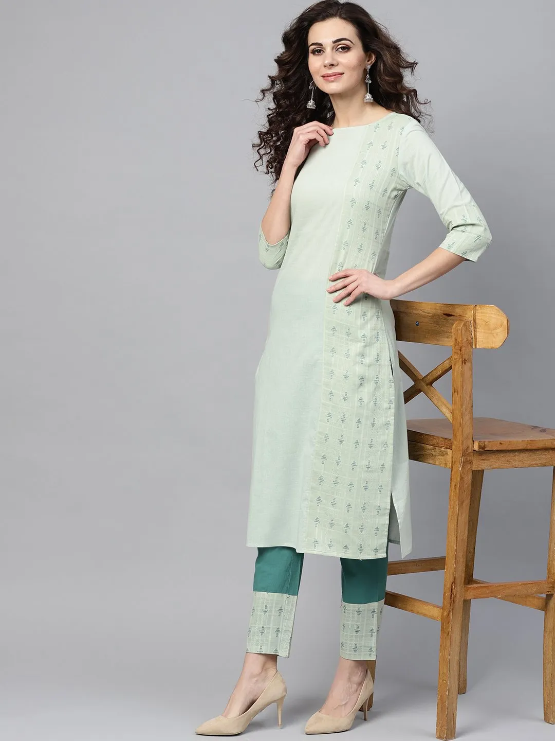 Pastel Green Straight Kurta Set With Solid Teal Green Pants & Dobby Printed Detailing