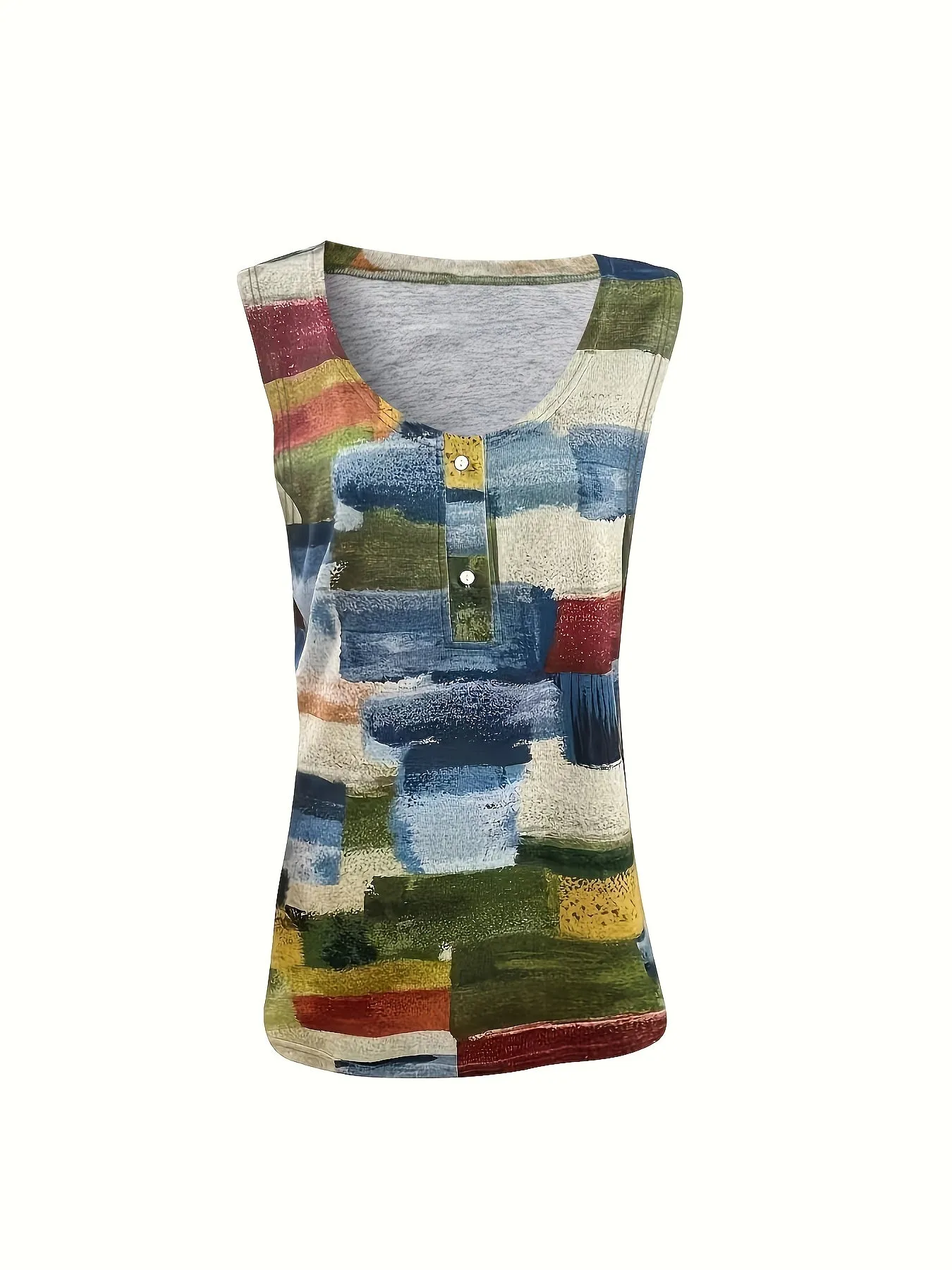 Patchwork Print Plus Size Henley Tank Top for Women