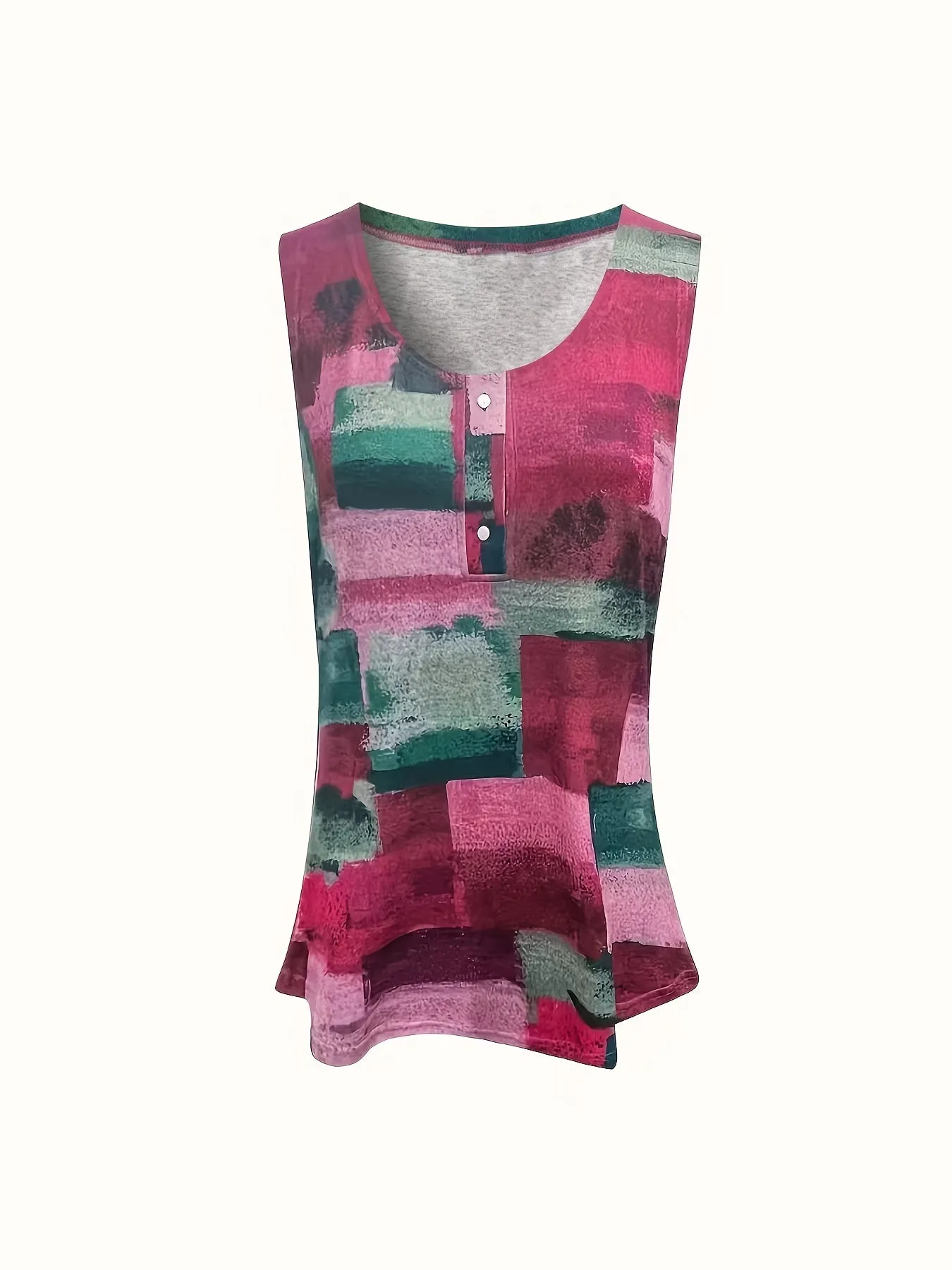 Patchwork Print Plus Size Henley Tank Top for Women