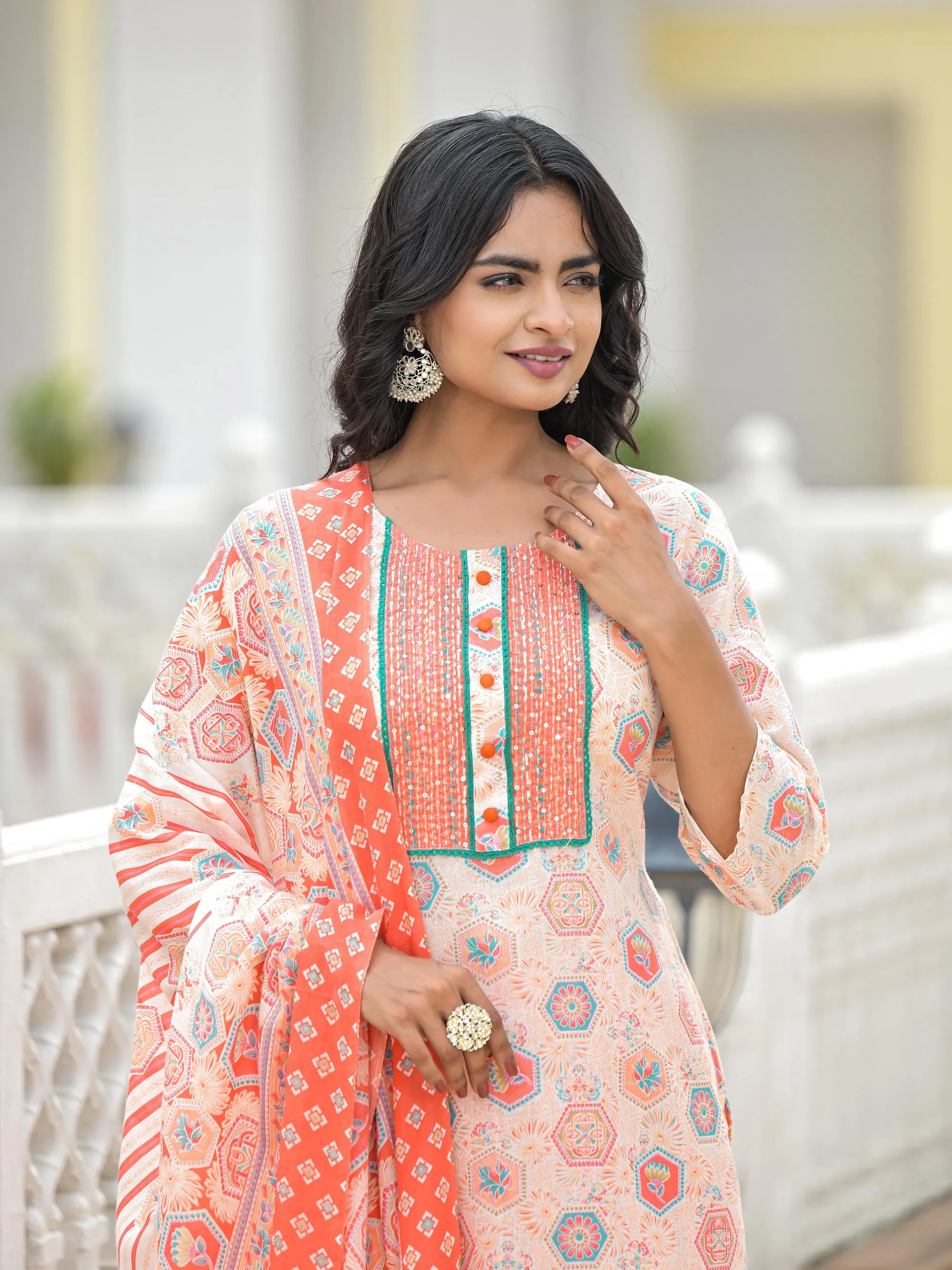 Peach Floral Printed Cotton Kurta Pant With Dupatta Set With Sequins & Thread Work