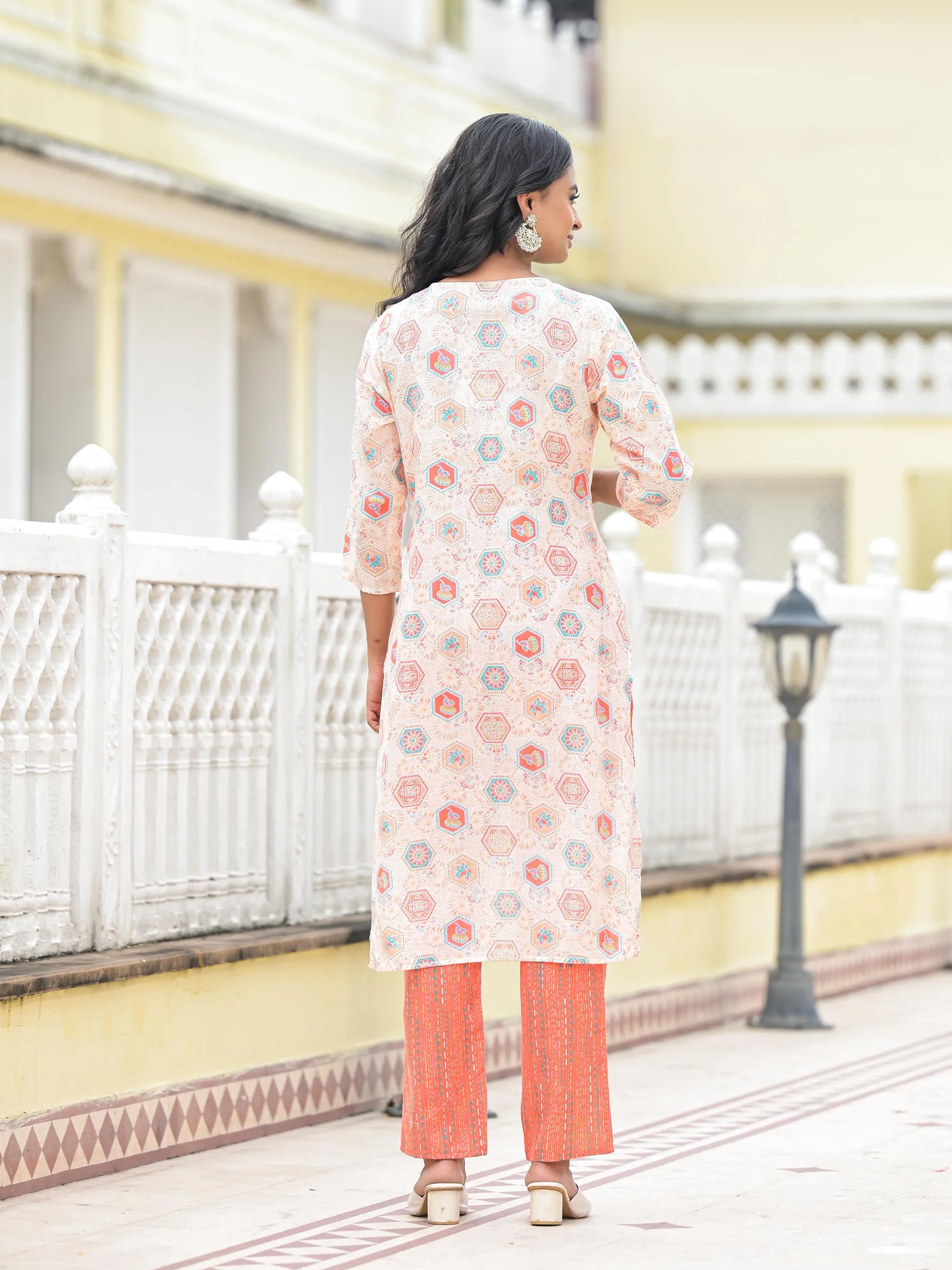 Peach Floral Printed Cotton Kurta Pant With Dupatta Set With Sequins & Thread Work