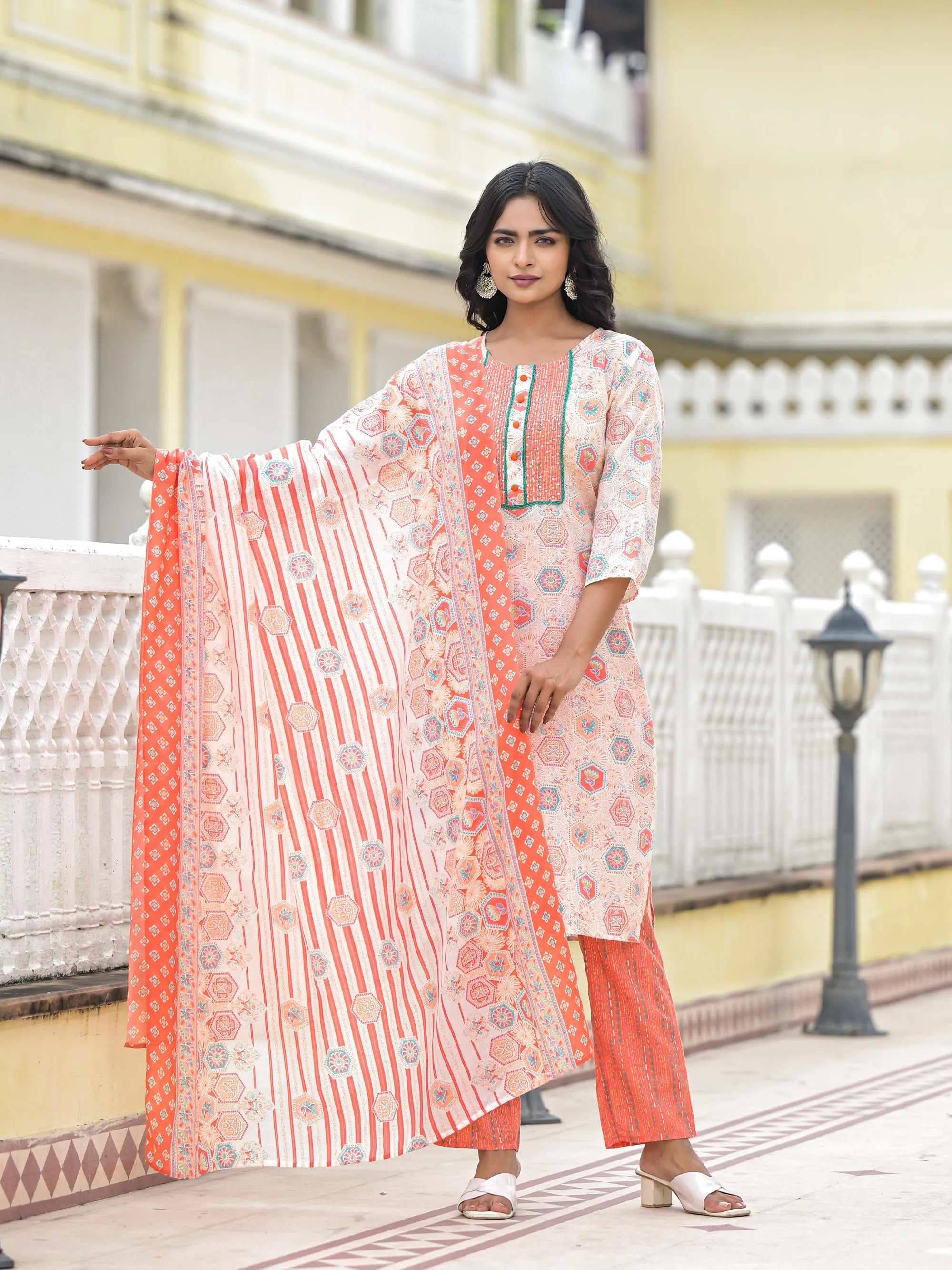 Peach Floral Printed Cotton Kurta Pant With Dupatta Set With Sequins & Thread Work