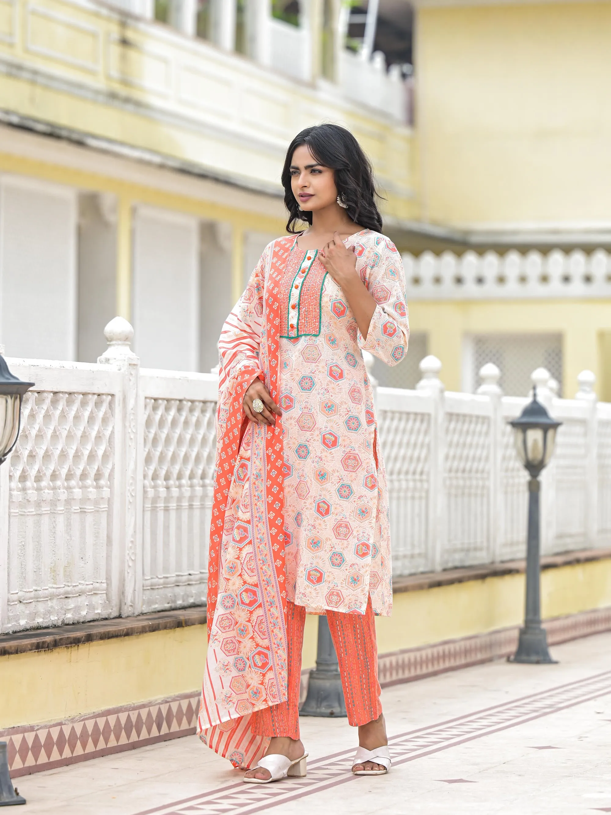 Peach Floral Printed Cotton Kurta Pant With Dupatta Set With Sequins & Thread Work