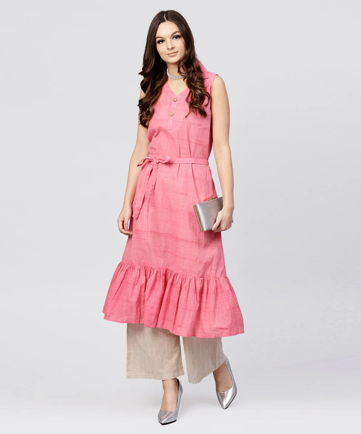 Pink Cotton Tiered Dress With Shirt Collar And Front Packet