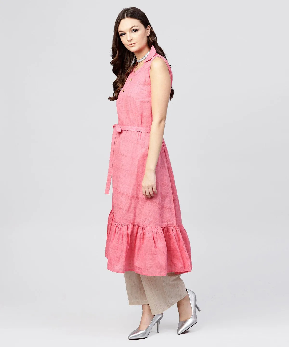 Pink Cotton Tiered Dress With Shirt Collar And Front Packet