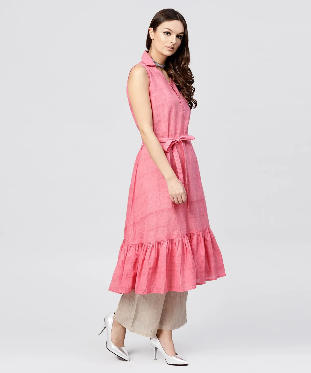 Pink Cotton Tiered Dress With Shirt Collar And Front Packet