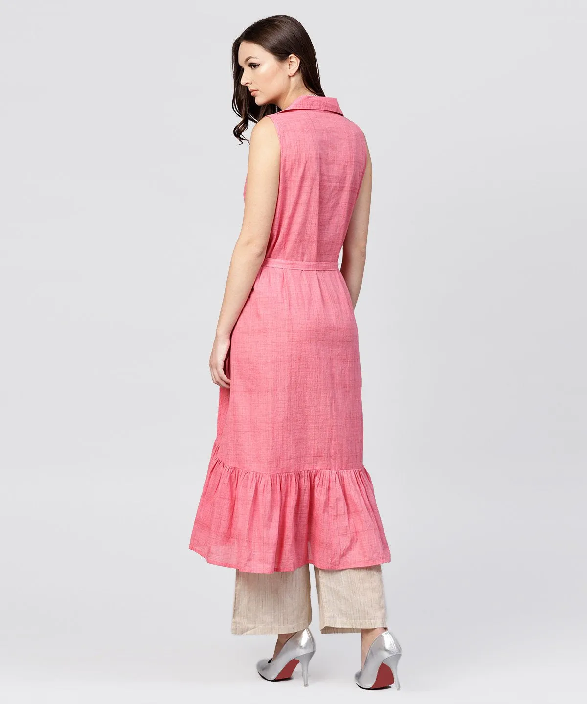 Pink Cotton Tiered Dress With Shirt Collar And Front Packet