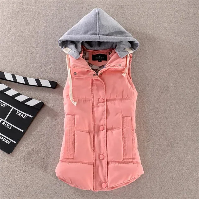 Pinky Is Black Autumn Winter Fashion Cotton Vest Women Patchwork Sleeveless Hooded Collar Casual Coat Colete Feminino Waistcoat